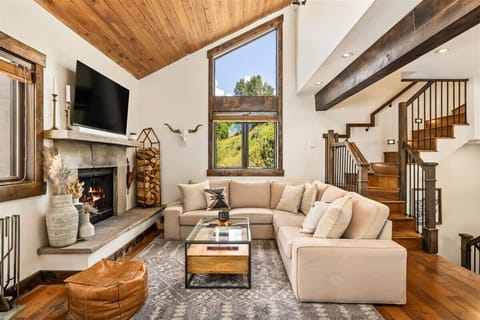 Bright living room featuring a wood-burning fireplace, Smart TV, and mountain views.