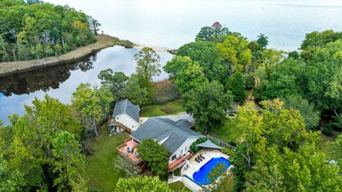 Ariel view of the house, pool, dock, lagoon and beautiful Chesapeake Bay.