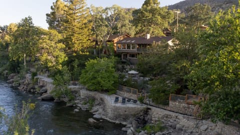 The beautiful Big View House waterfront on Kern River in the southern Sierra Nevada Mountains town of Kernville, California. Nestled in a quaint riverfront neighborhood. Meet the river as soon
