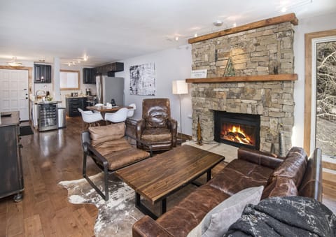 Living space with fireplace.