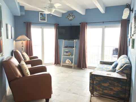 Living room with a full-sized sofa sleeper.  
