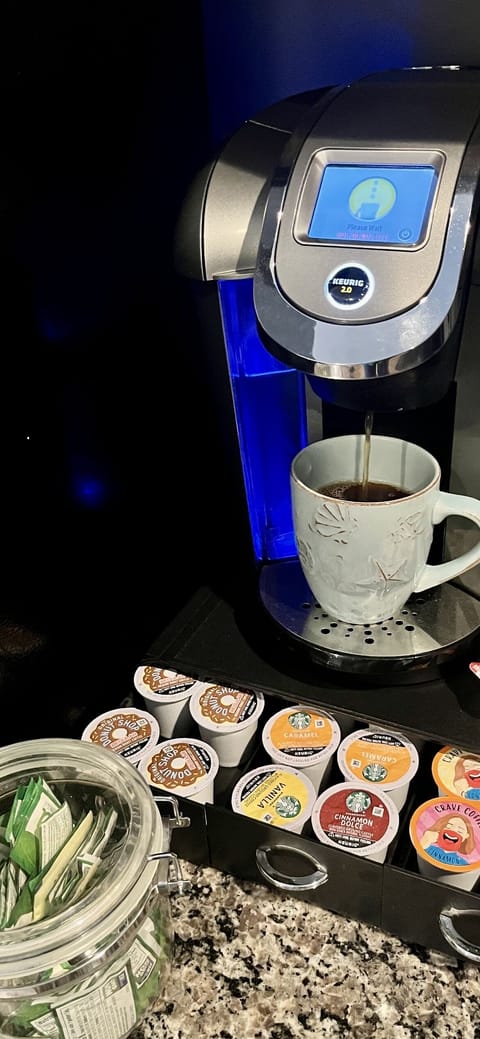 Coffe maker and supplies are provided.