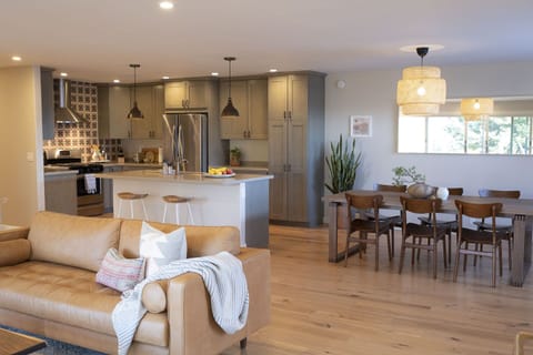 Open living, dining, and kitchen.