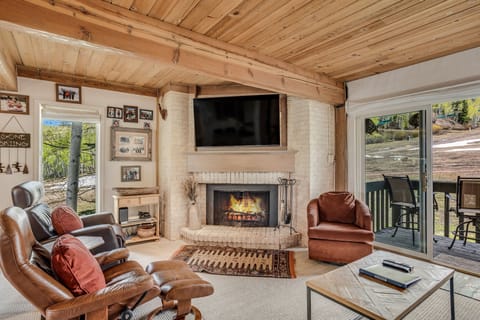 Living room with wood-burning fireplace