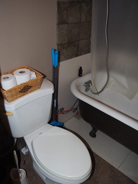 BATHROOM: Includes a tub, shower, and toilet. Note that there is no sink, vanity, nor mirror in the bathroom.