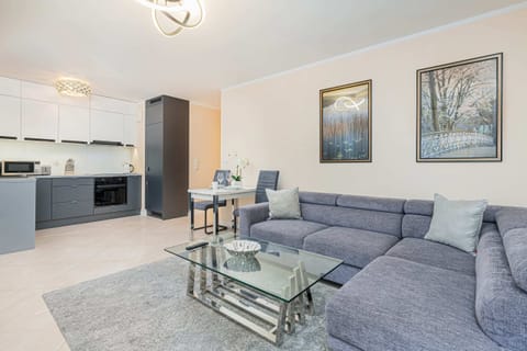 A bright and comfortable living room featuring a stylish gray sofa, a glass coffee table, and elegant wall art.