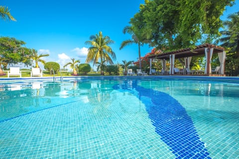 Outdoor pool, pool umbrellas, sun loungers