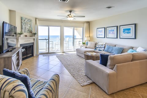 Large living room with electric fireplace and smart tv!
