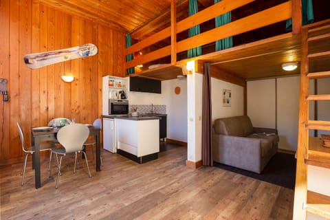 Open living space with double sofa bed and mezzanine bedroom