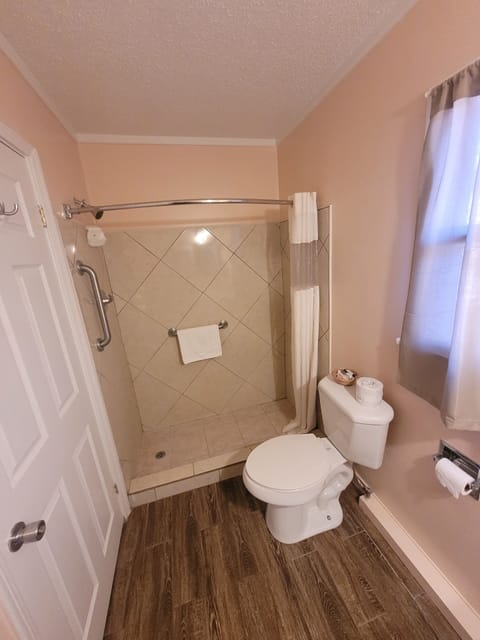 Combined shower/tub, free toiletries, towels, soap