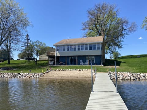 View of the cabin/beach from the end of our dock.