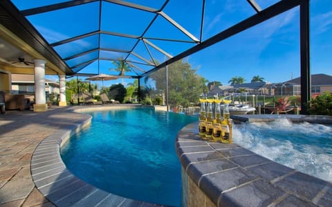 Pool with lap-style layout inside the full screened cage, framed by the arched enclosure structure and palm trees