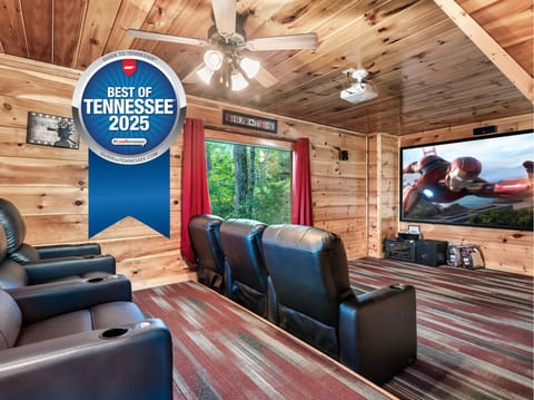 The media room boasts a 10 foot HD screen and projector. Streaming available.