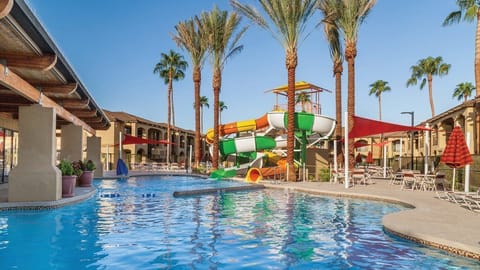 Splash down the colorful water slides into the refreshing pool surrounded by swaying palm trees.
