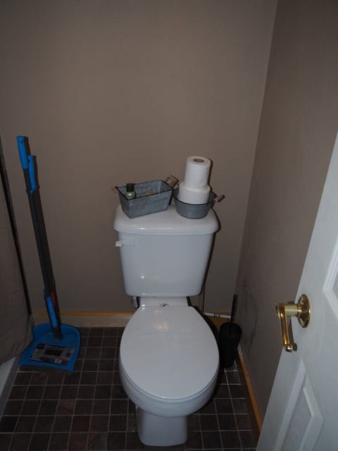 BATHROOM: Features a shower and toilet. (Note that there is no vanity, sink, or mirror in the bathroom.)