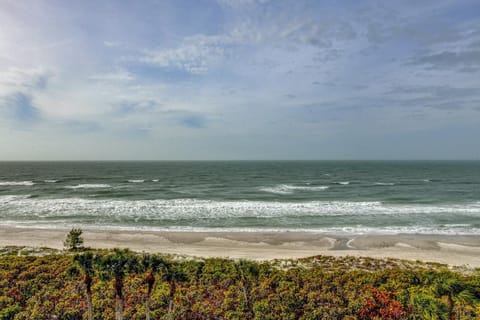 Ocean waves roll toward a sandy shore bordered by green palm trees under a partly cloudy sky.