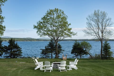 Oceanfront fire pit overlooking the ocean and Acadia mountain views