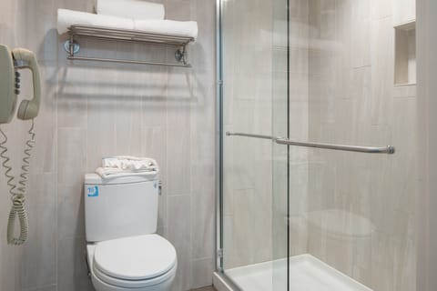 Designer toiletries, hair dryer, towels, shampoo