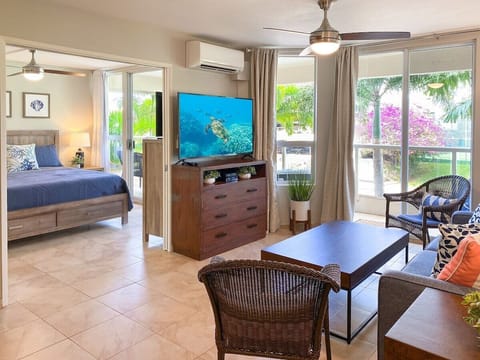 Living room has large TV, AC, ceiling fan. It is open, and airy with plenty of natural light.