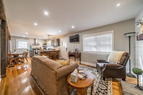 Kitchen and living room have open floor plan.