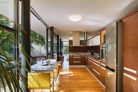 The villa offers a fully equipped kitchen with essentials for a self catered vacation.