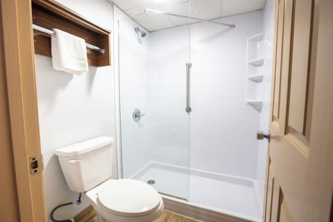 Shower, free toiletries, hair dryer, towels