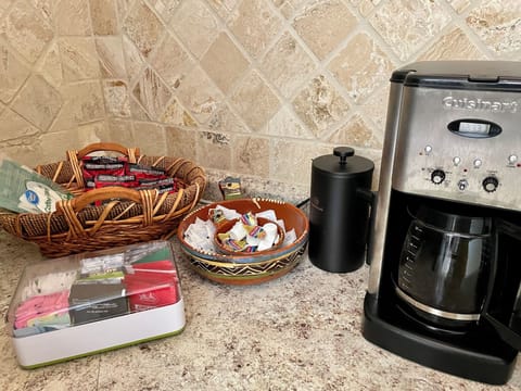 Fully stocked coffee and tea bar.