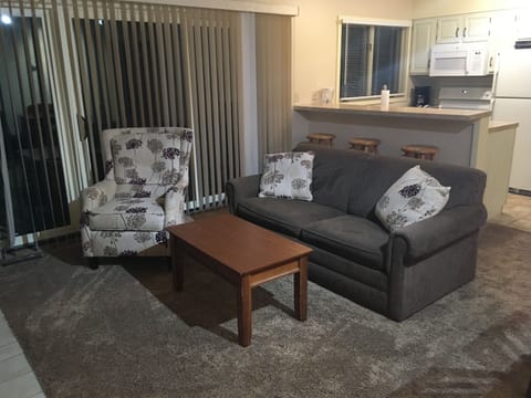 Sleep Sofa. Kitchen counter has barstool seating