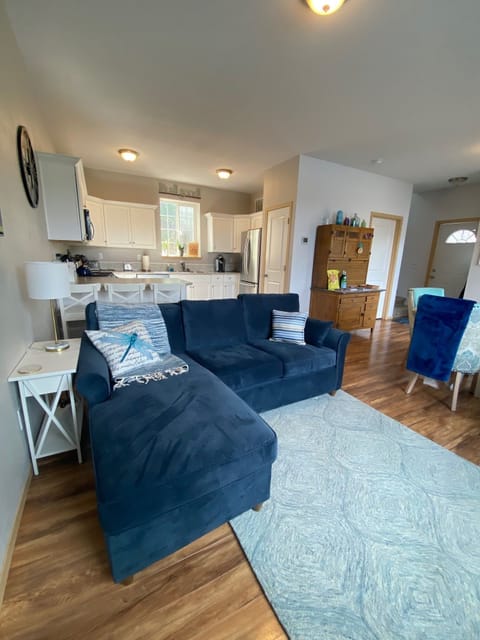 View from cozy living room to kitchen.  