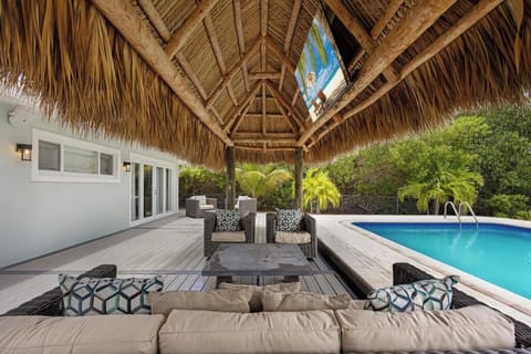 Enjoy covered seating and watching tv under the tiki hut