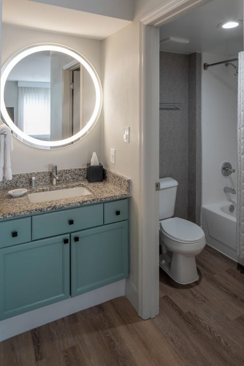 Combined shower/tub, free toiletries, hair dryer, towels