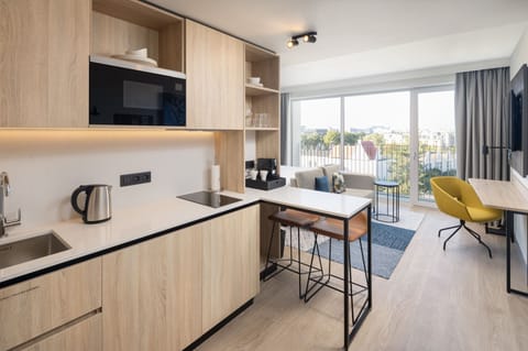 Studio, 1 Queen Bed, Balcony | Private kitchen | Stovetop, coffee/tea maker, electric kettle, cookware/dishes/utensils