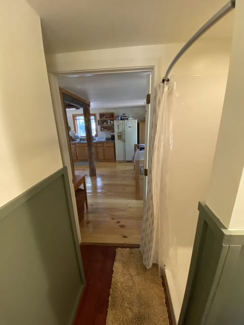 Looking out into kitchen area/spare bed from bathroom