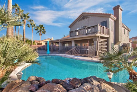 Heated Pool with cool function for wamer months, view from above waterfall 
