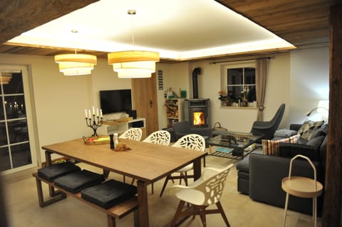 The living area and dining table