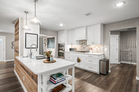 Fully stocked kitchen.
