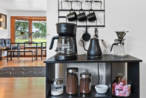 Coffee bar with drip and pour over options, electric kettle. Pilao (Favorite Brazilian coffee of my wife's family) always provided, along with decaf and teas