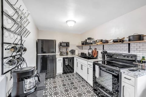 Fully equipped kitchen with all brand new stylish dinnerware. Includes crockpot, toaster and oven with convection bake for quick pizzas
