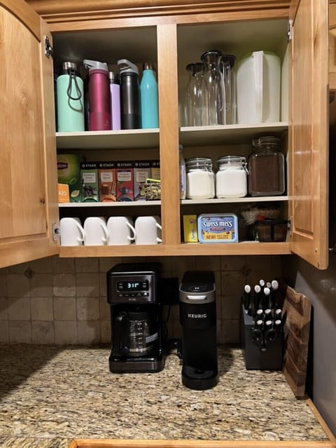 Supplied with various teas, coffee, creamer, sweetener, plus a Keurig machine