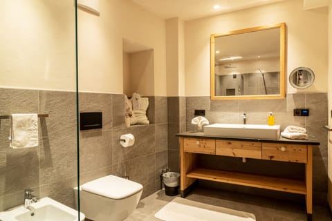 Combined shower/tub, hair dryer, bathrobes, slippers