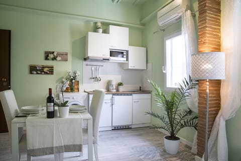 Dining table and kitchenette.