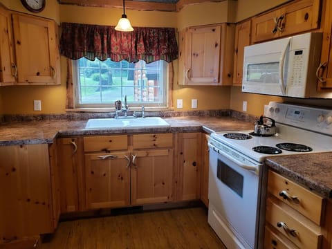 Kitchen stove, oven and microwave.