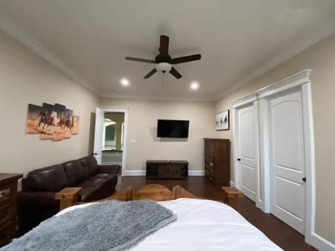 Horse room equipped with adjustable king bed and full size sleeper sofa, 55in TV