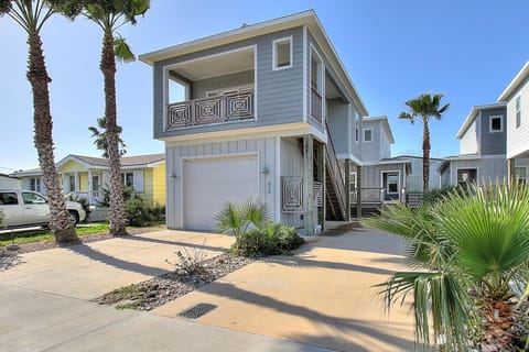 Modern coastal home with tropical landscaping and palm trees in a peaceful residential community.