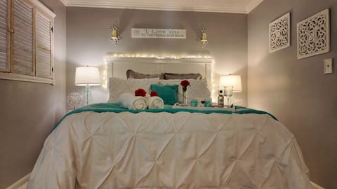 Your queen bedroom with pillowtop mattress and soft bedding. Window opening with shutters to close 