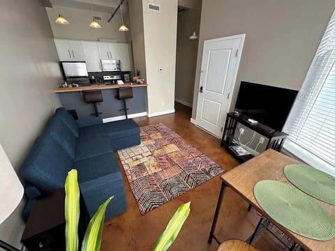Cozy living room with sofa, dining table, and open kitchen