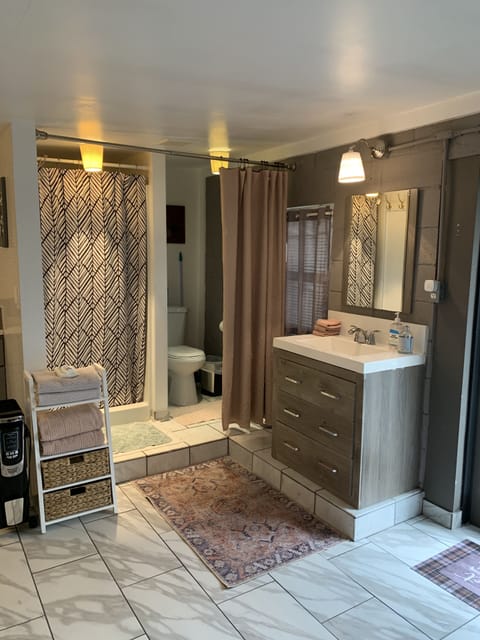 Fresh towels, hair dryer and shampoo provided.