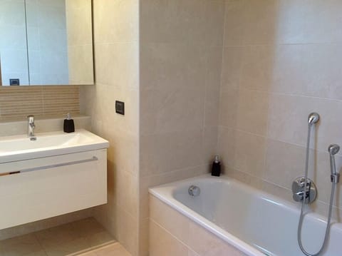 Separate tub and shower, rainfall showerhead, hair dryer, bidet