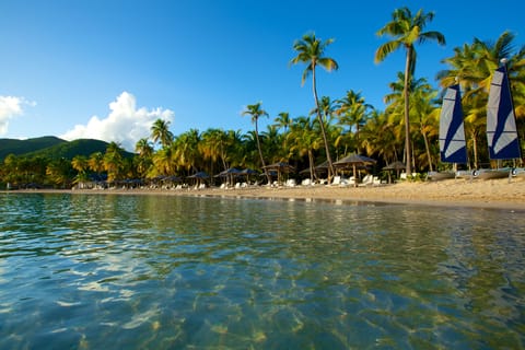 On the beach, white sand, free beach cabanas, sun loungers