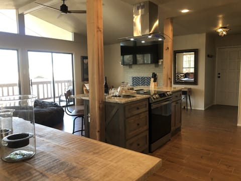 Kitchen, dining and living area are one open area.